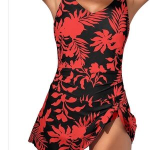 Floral Kids One Piece Swimsuit - Black and Red